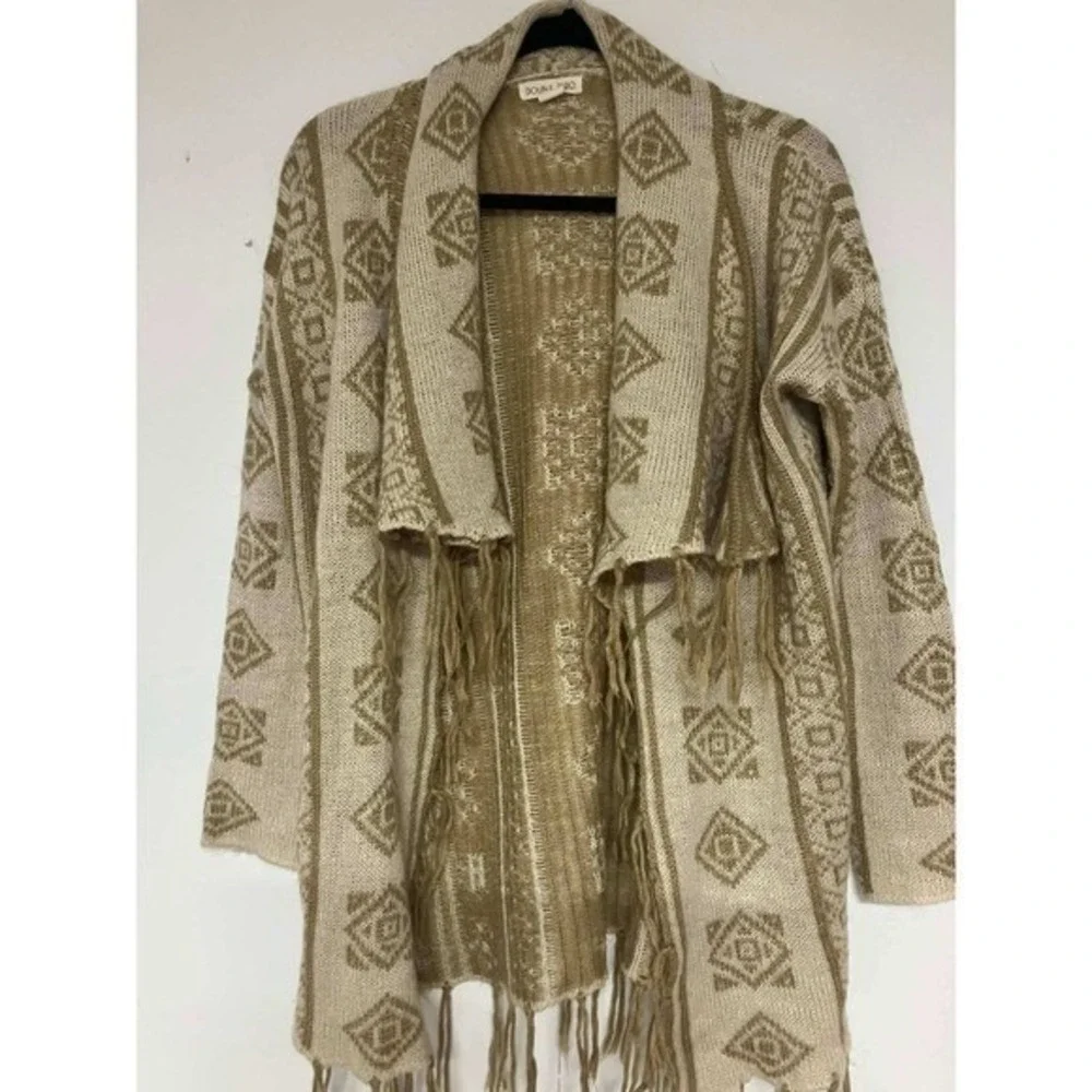DESERT NOMAD Boho Aztec Fringe Cardigan Sweater Open Front‎ EARTHTONE Womens M